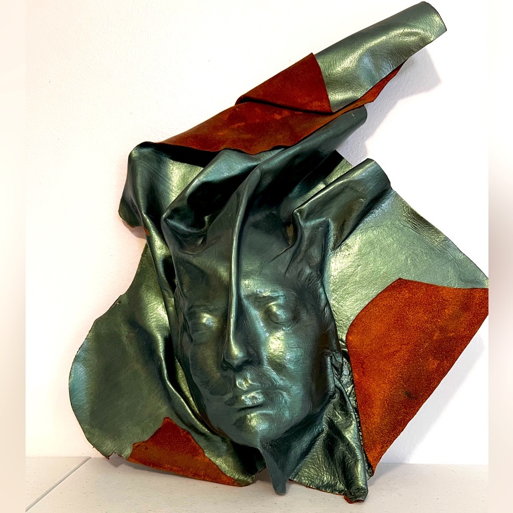 Wall art original piece made of leather pearl green and natural leather